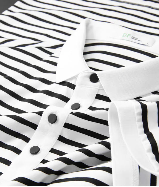 Men’s Black & White Striped Polo Shirt – Classic Casual Short Sleeve Polo