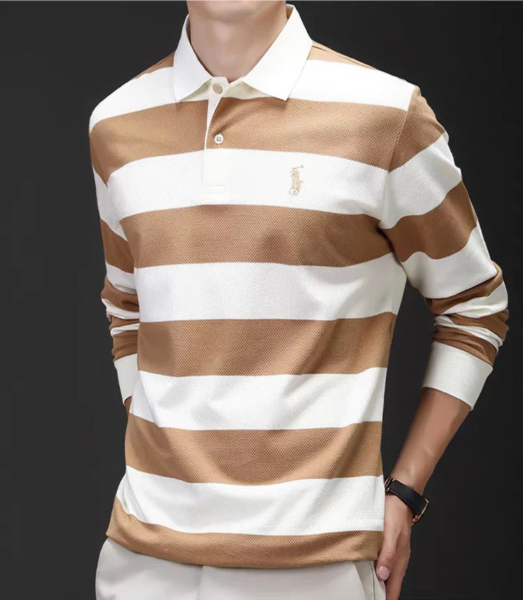 Men’s Black & White Striped Long Sleeve Polo Shirt – Premium Casual Knit Polo