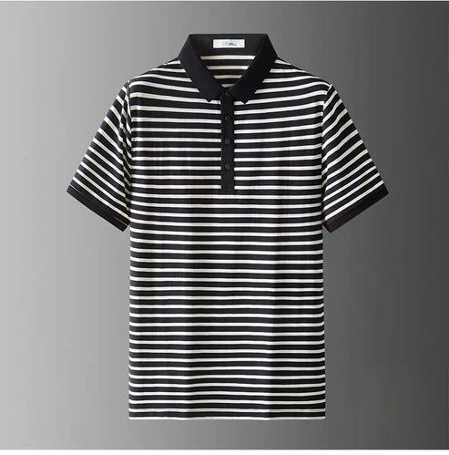 Men’s Black & White Striped Polo Shirt – Classic Casual Short Sleeve Polo