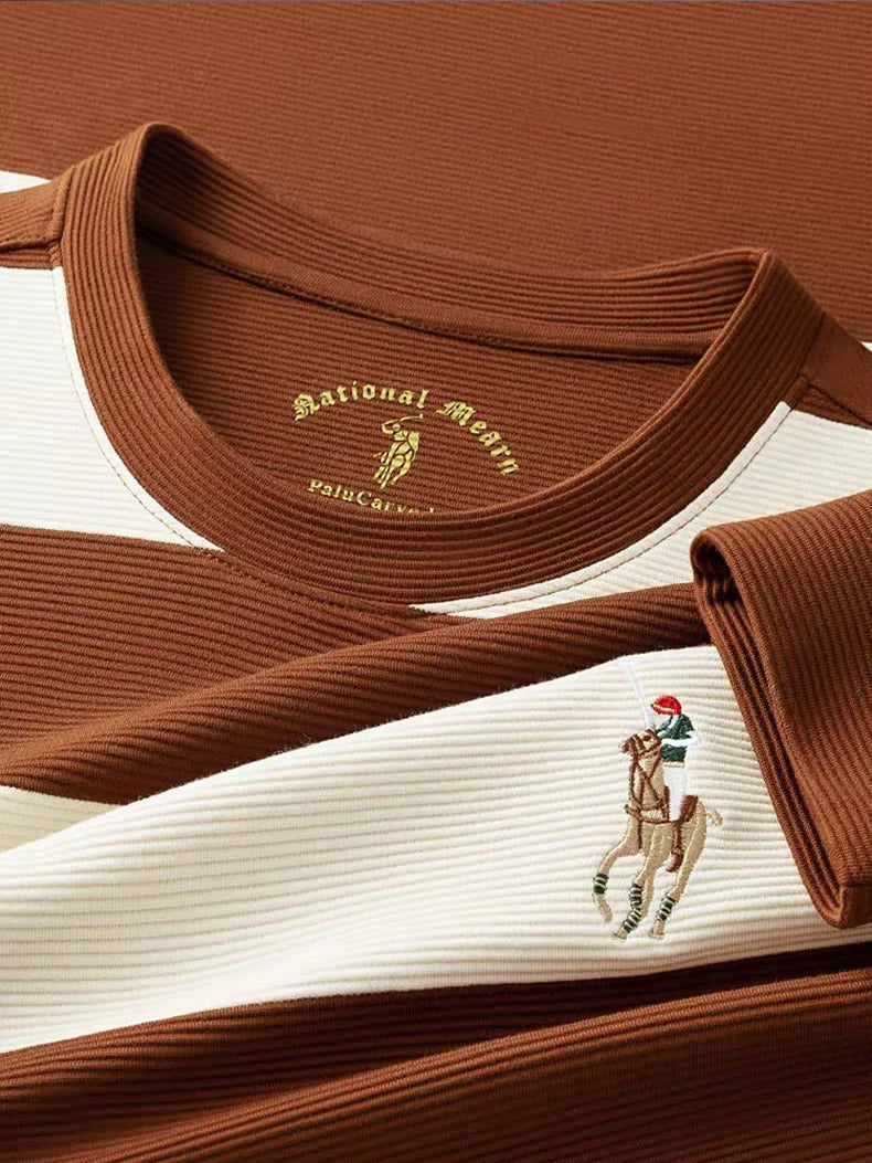 Men’s Navy & Cream Striped Long Sleeve T-Shirt – Casual Crew Neck Knit Tee