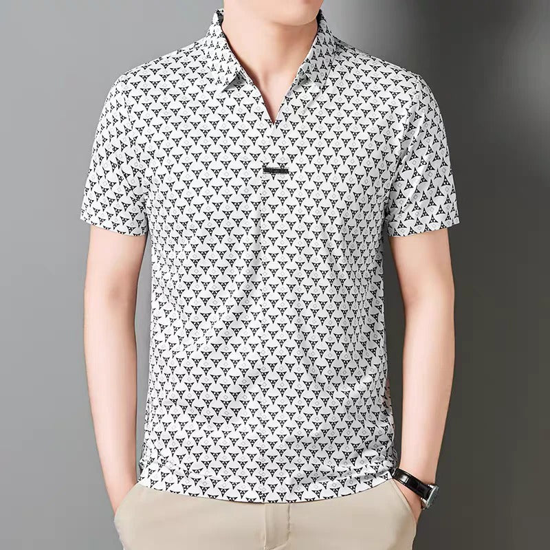 Men’s Geometric Print Polo T-Shirt – Stylish White Casual Short Sleeve Polo