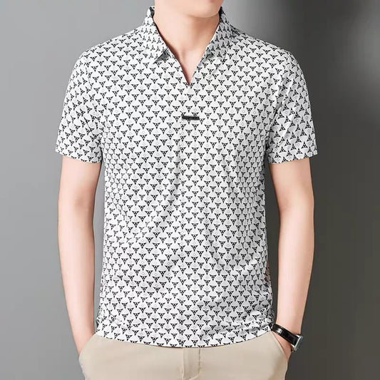Men’s Geometric Print Polo T-Shirt – Stylish White Casual Short Sleeve Polo