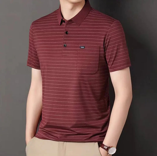 Men’s Black Geometric Pattern Polo T-Shirt – Stylish Casual Short Sleeve Polo