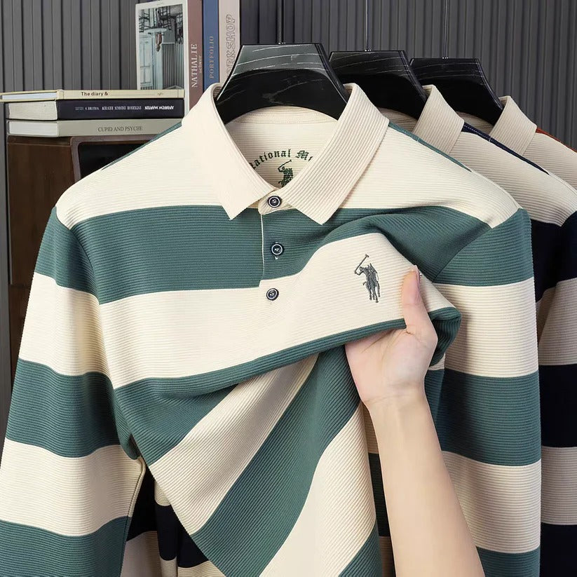 Men’s Striped Long Sleeve Polo Shirt – Premium Casual Ribbed Polo Sweater
