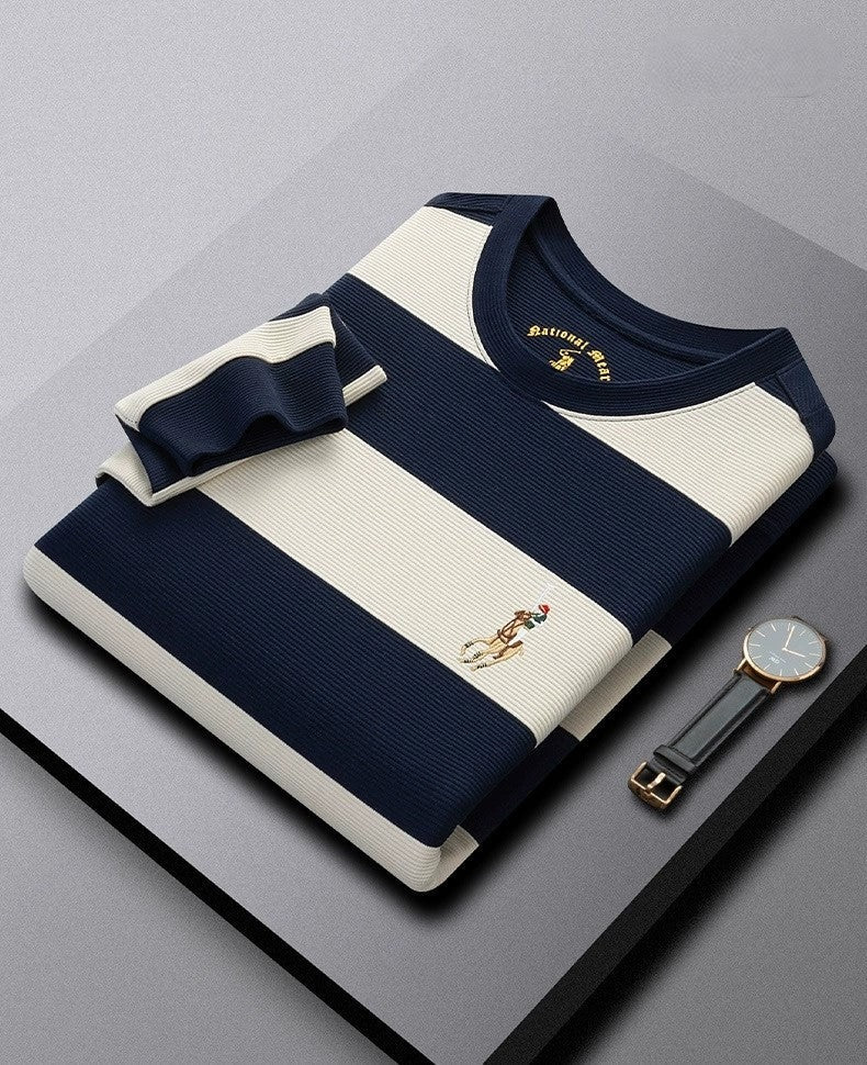 Men’s Navy & Cream Striped Long Sleeve T-Shirt – Casual Crew Neck Knit Tee