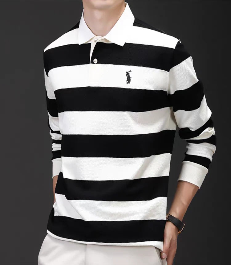 Men’s Black & White Striped Long Sleeve Polo Shirt – Premium Casual Knit Polo