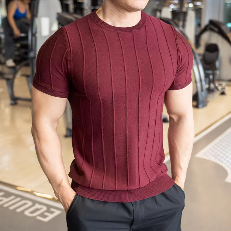Men’s Burgundy Ribbed Muscle T-Shirt – Slim Fit Athletic Crew Neck Tee