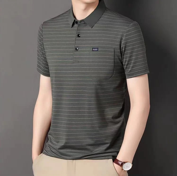 Men’s Black Geometric Pattern Polo T-Shirt – Stylish Casual Short Sleeve Polo