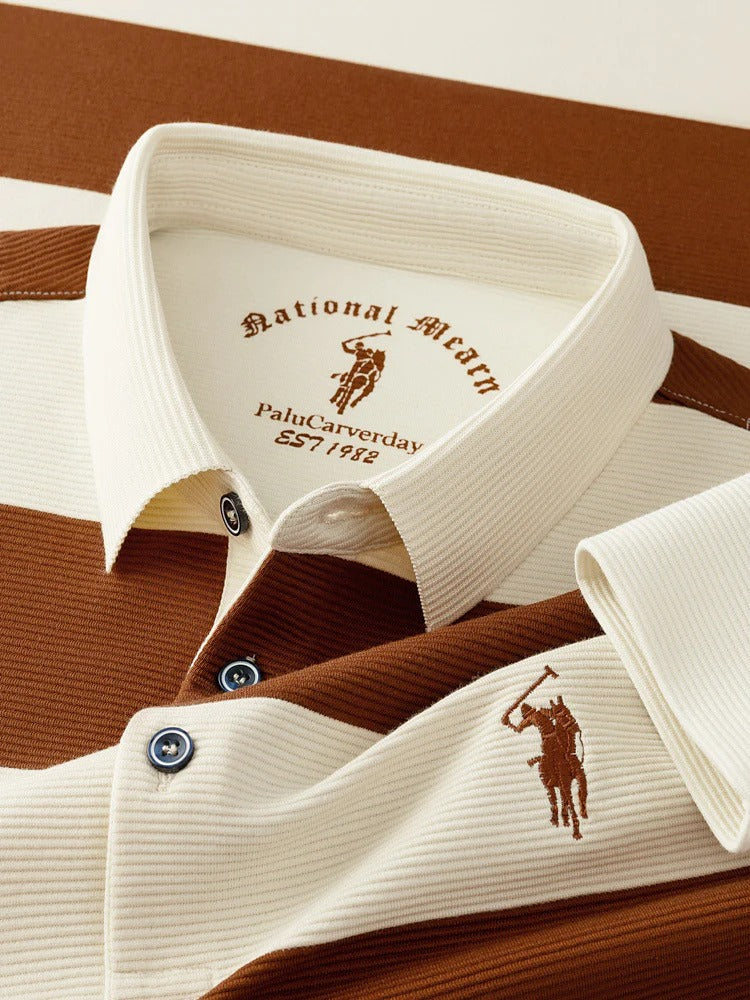 Men’s Striped Long Sleeve Polo Shirt – Premium Casual Ribbed Polo Sweater