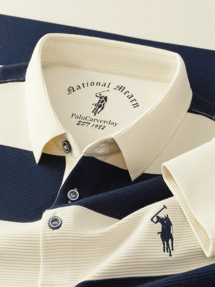 Men’s Striped Long Sleeve Polo Shirt – Premium Casual Ribbed Polo Sweater