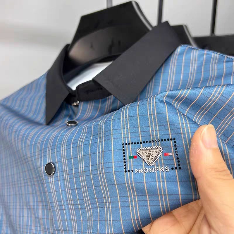 Men’s Blue Check Polo Shirt with Black Collar – Premium Casual Short Sleeve Polo