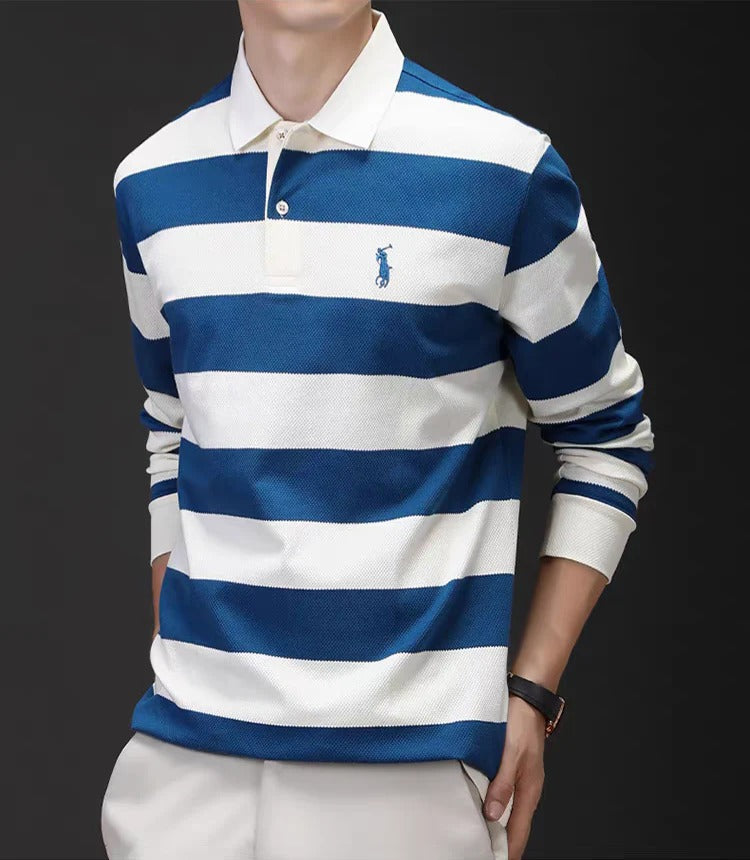 Men’s Black & White Striped Long Sleeve Polo Shirt – Premium Casual Knit Polo