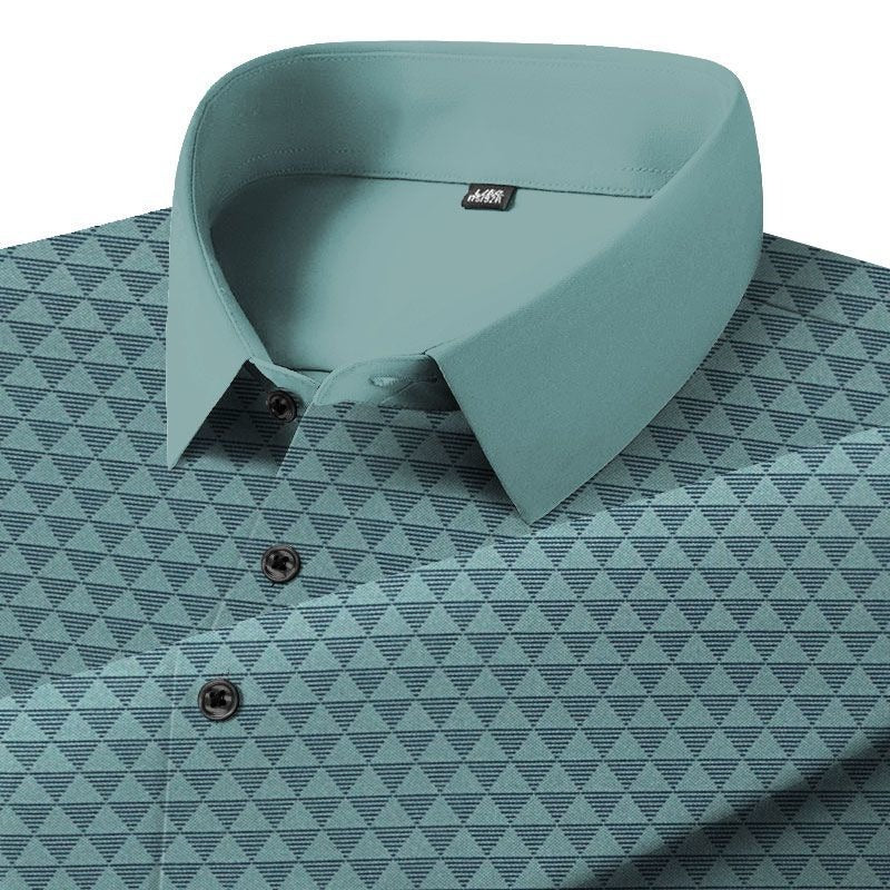 Men’s Green Geometric Pattern Polo Shirt – Stylish Casual Short Sleeve Polo