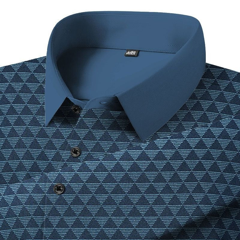 Men’s Green Geometric Pattern Polo Shirt – Stylish Casual Short Sleeve Polo