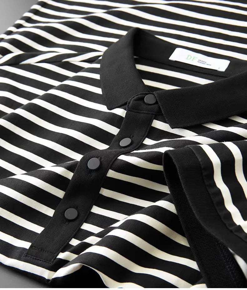 Men’s Black & White Striped Polo Shirt – Classic Casual Short Sleeve Polo