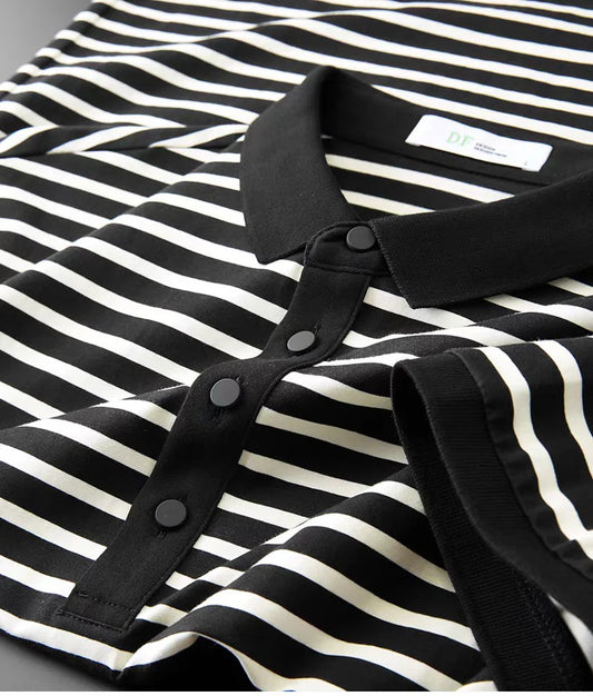 Men’s Black & White Striped Polo Shirt – Classic Casual Short Sleeve Polo