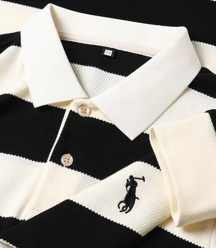 Men’s Black & White Striped Long Sleeve Polo Shirt – Premium Casual Knit Polo