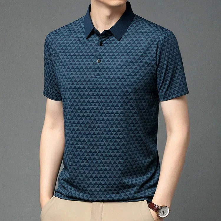 Men’s Green Geometric Pattern Polo Shirt – Stylish Casual Short Sleeve Polo