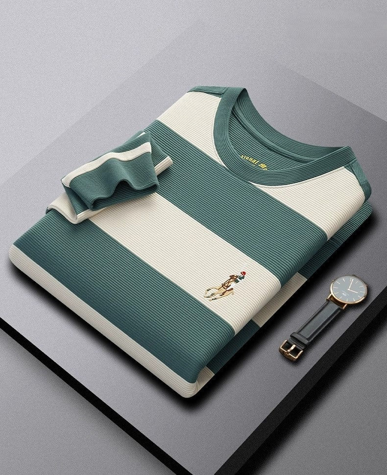 Men’s Navy & Cream Striped Long Sleeve T-Shirt – Casual Crew Neck Knit Tee