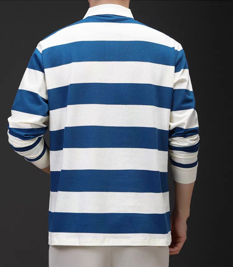 Men’s Black & White Striped Long Sleeve Polo Shirt – Premium Casual Knit Polo