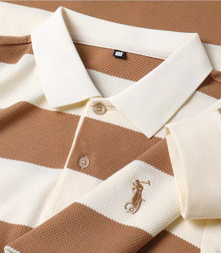 Men’s Black & White Striped Long Sleeve Polo Shirt – Premium Casual Knit Polo