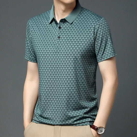 Men’s Green Geometric Pattern Polo Shirt – Stylish Casual Short Sleeve Polo