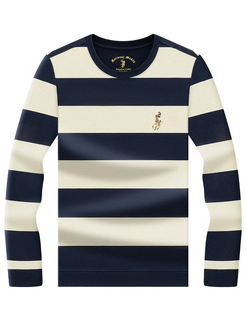Men’s Navy & Cream Striped Long Sleeve T-Shirt – Casual Crew Neck Knit Tee