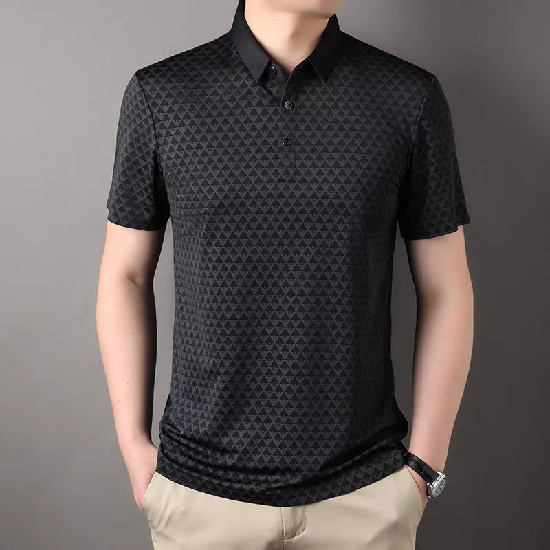 Men’s Black Geometric Polo T-Shirt – Premium Casual Short Sleeve Polo Shirt