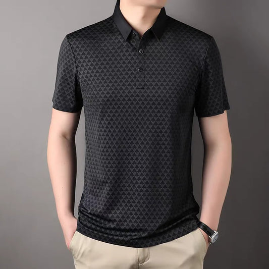 Men’s Black Geometric Polo T-Shirt – Premium Casual Short Sleeve Polo Shirt