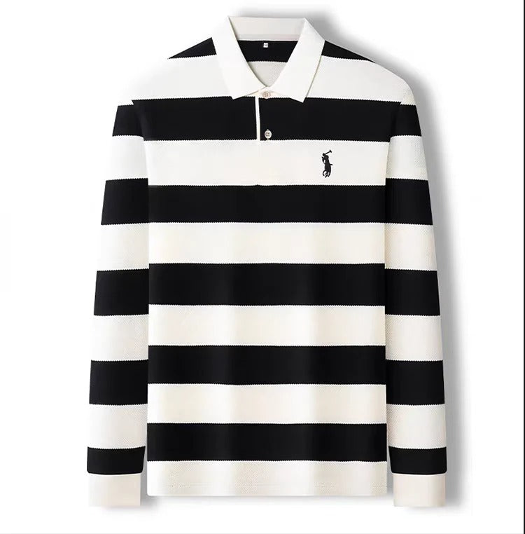 Men’s Black & White Striped Long Sleeve Polo Shirt – Premium Casual Knit Polo