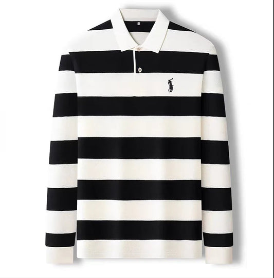 Men’s Black & White Striped Long Sleeve Polo Shirt – Premium Casual Knit Polo