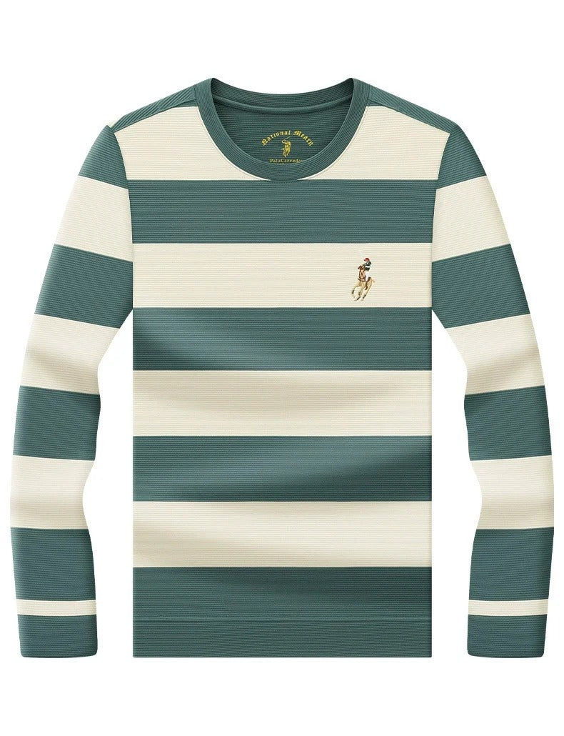 Men’s Navy & Cream Striped Long Sleeve T-Shirt – Casual Crew Neck Knit Tee