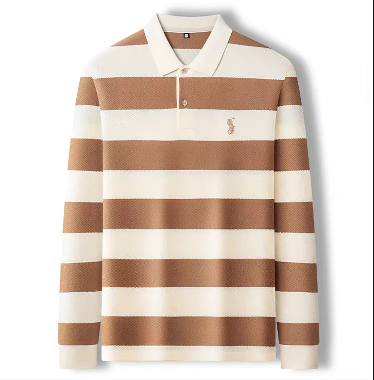 Men’s Black & White Striped Long Sleeve Polo Shirt – Premium Casual Knit Polo