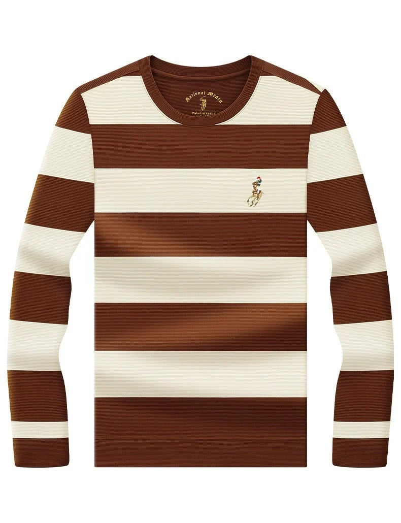 Men’s Navy & Cream Striped Long Sleeve T-Shirt – Casual Crew Neck Knit Tee