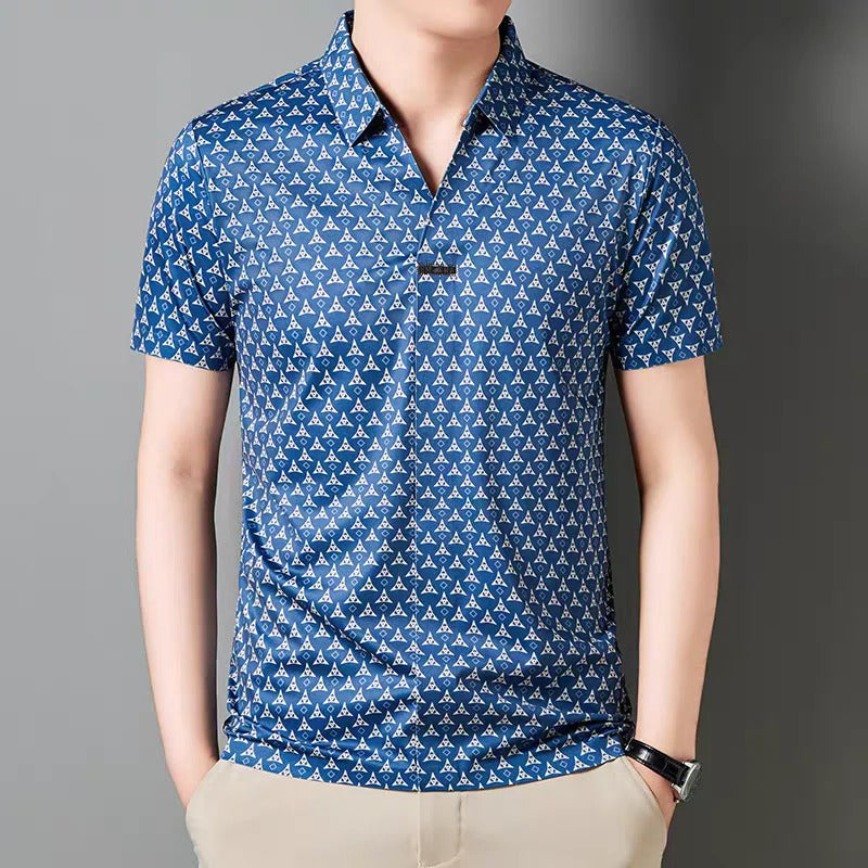 Men’s Blue Geometric Print Polo T-Shirt – Stylish Casual Short Sleeve Polo