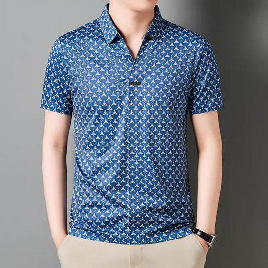 Men’s Blue Geometric Print Polo T-Shirt – Stylish Casual Short Sleeve Polo