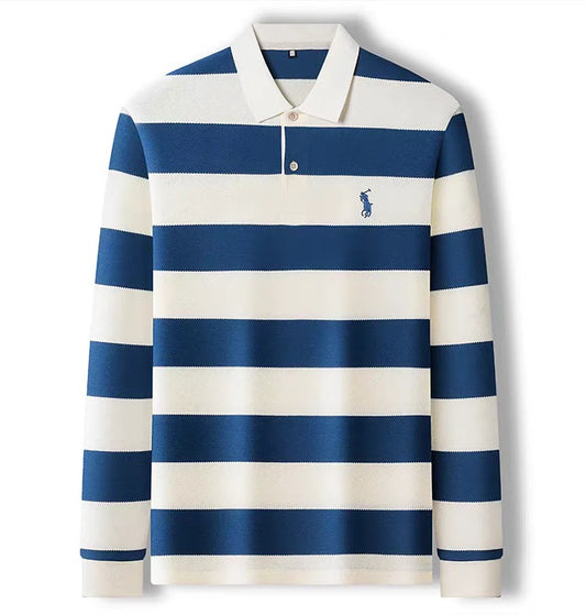 Men’s Black & White Striped Long Sleeve Polo Shirt – Premium Casual Knit Polo