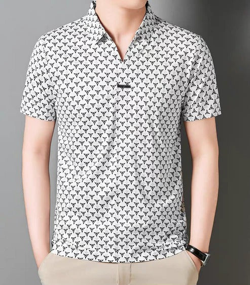 Men’s Black Geometric Pattern Polo T-Shirt – Stylish Casual Short Sleeve Polo