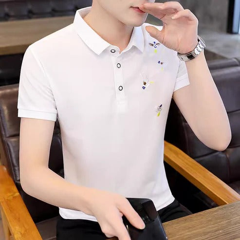 Men’s White Embroidered Polo Shirt – Stylish Casual Short Sleeve Polo