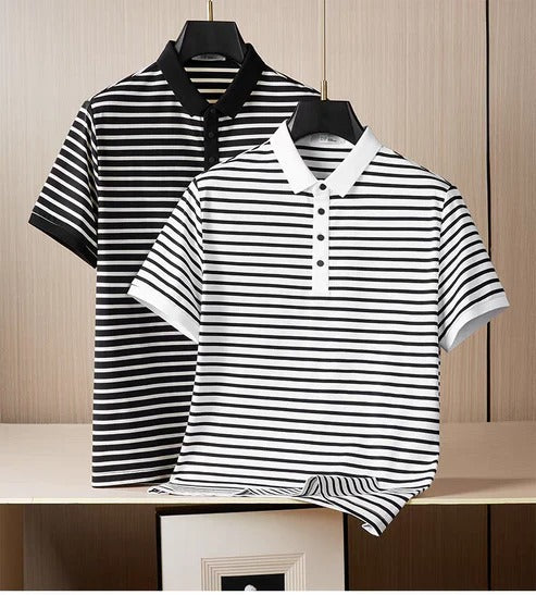 Men’s Black & White Striped Polo Shirt – Classic Casual Short Sleeve Polo
