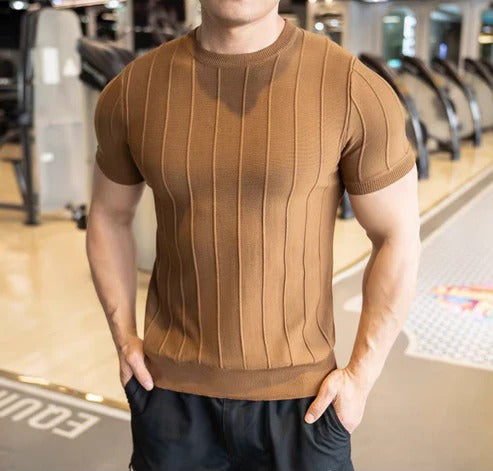 Men’s Burgundy Ribbed Muscle T-Shirt – Slim Fit Athletic Crew Neck Tee