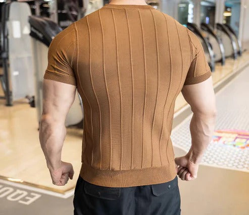 Men’s Burgundy Ribbed Muscle T-Shirt – Slim Fit Athletic Crew Neck Tee