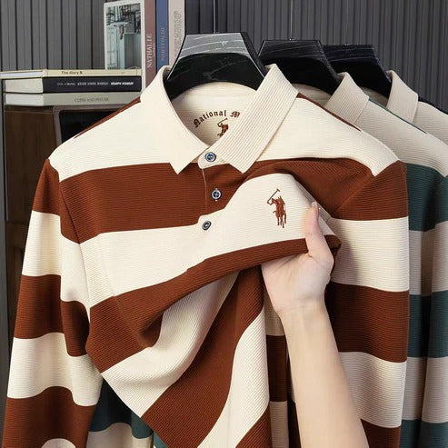 Men’s Striped Long Sleeve Polo Shirt – Premium Casual Ribbed Polo Sweater