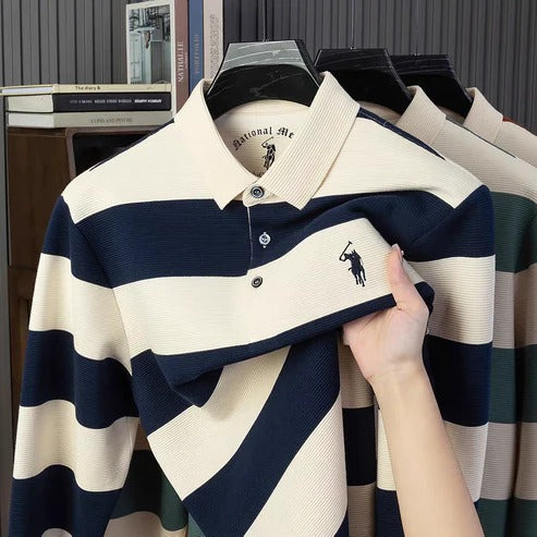 Men’s Striped Long Sleeve Polo Shirt – Premium Casual Ribbed Polo Sweater