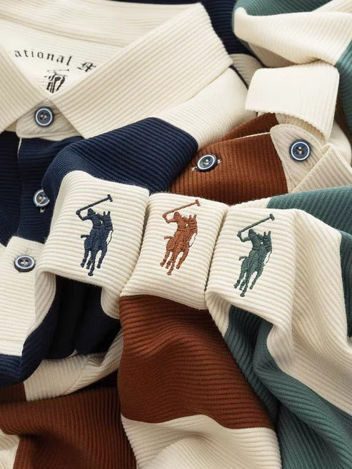Men’s Striped Long Sleeve Polo Shirt – Premium Casual Ribbed Polo Sweater