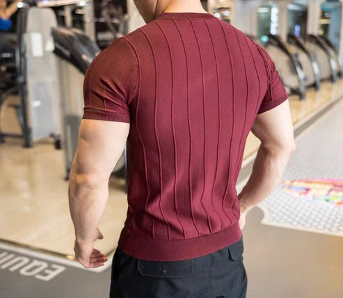 Men’s Burgundy Ribbed Muscle T-Shirt – Slim Fit Athletic Crew Neck Tee