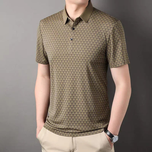 Men’s Geometric Pattern Polo T-Shirt – Premium Khaki Casual Short Sleeve Polo